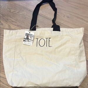 Rae Dunn Cream Tote Bag with Black Handles NWT